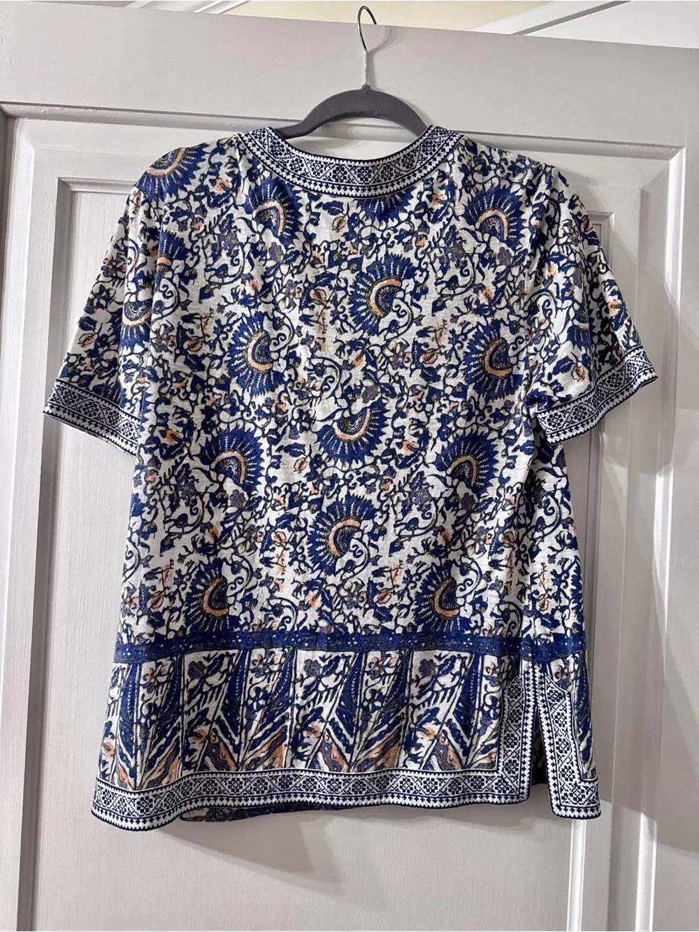 Tory Burch Navy, Cream & Tan Floral Embroidered Short Sleeve Tunic